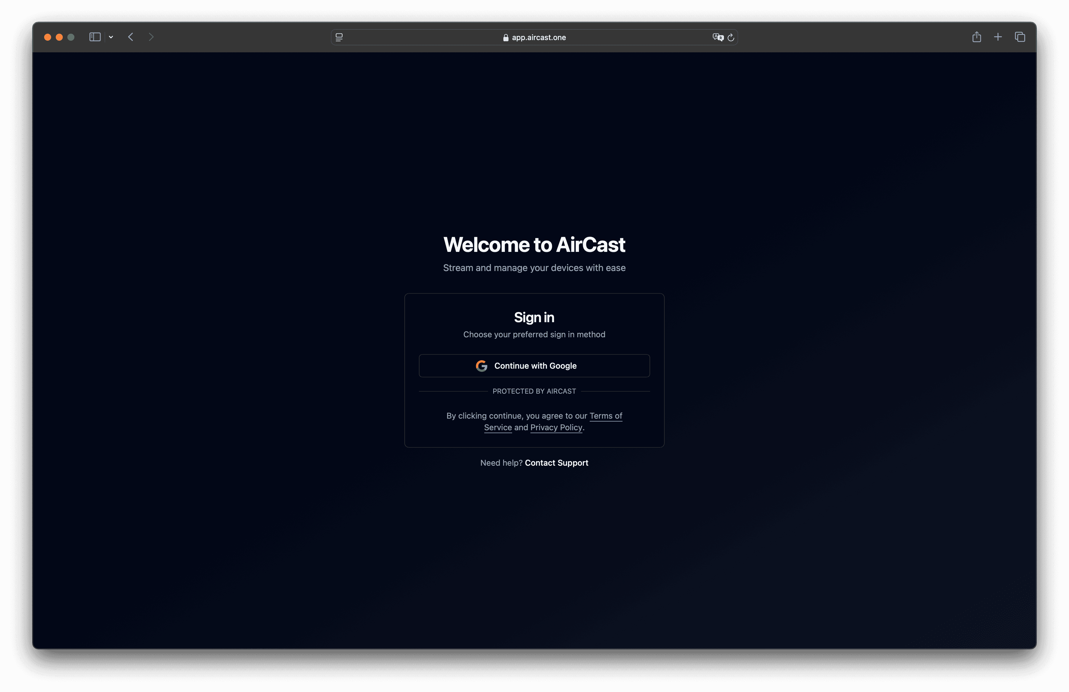 Initial AirCast sign-in verification page