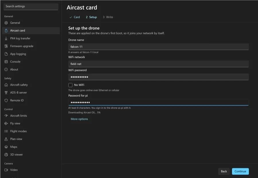 The Aircast card page in Settings, on the Setup step: drone name falcon-11, Wi-Fi network and password, a password for the pi user, and Back and Continue buttons.