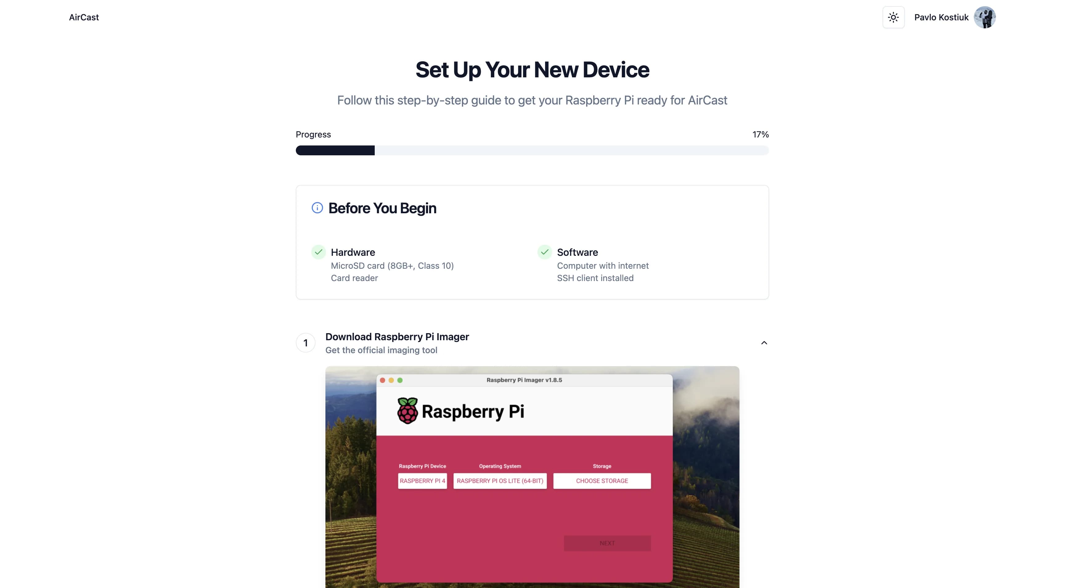 Setup interface