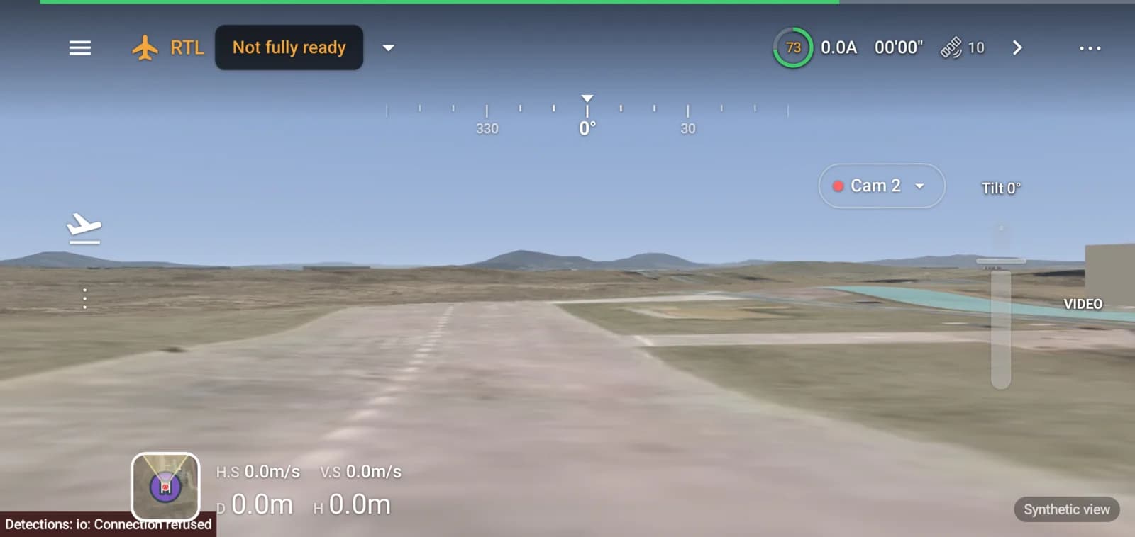 AirCast Ground Station on Android in landscape: synthetic 3D view of the runway with heading tape, speed and altitude readouts, and the map as a tile