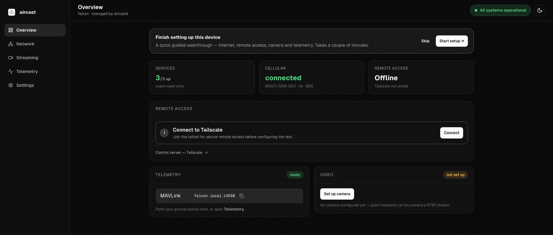 Aircast dashboard Overview on first boot: a Finish setting up this device prompt, cellular connected, Tailscale not joined, and video not set up