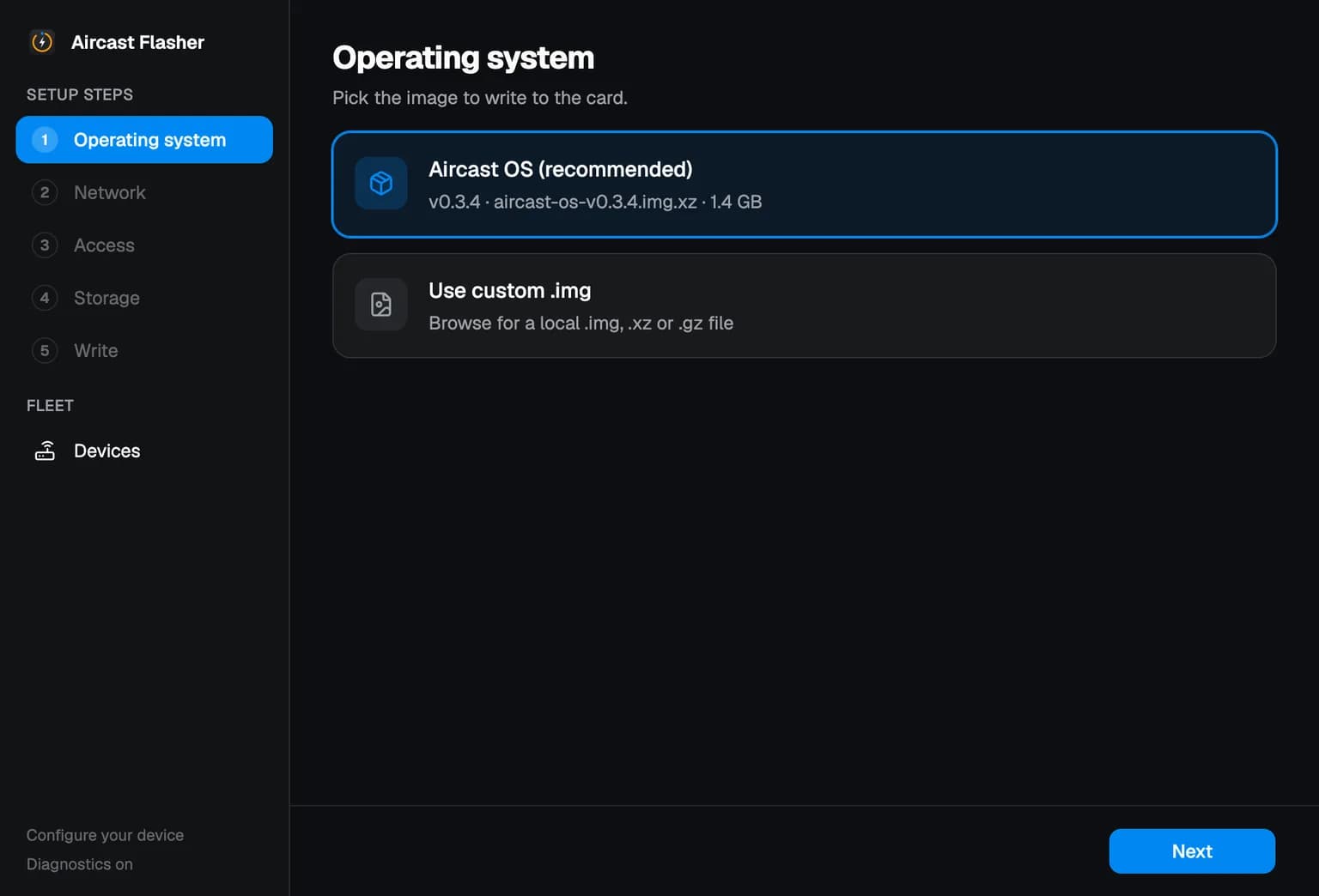 Aircast Flasher, Operating system step: Aircast OS (recommended) selected, showing the version, file name and size