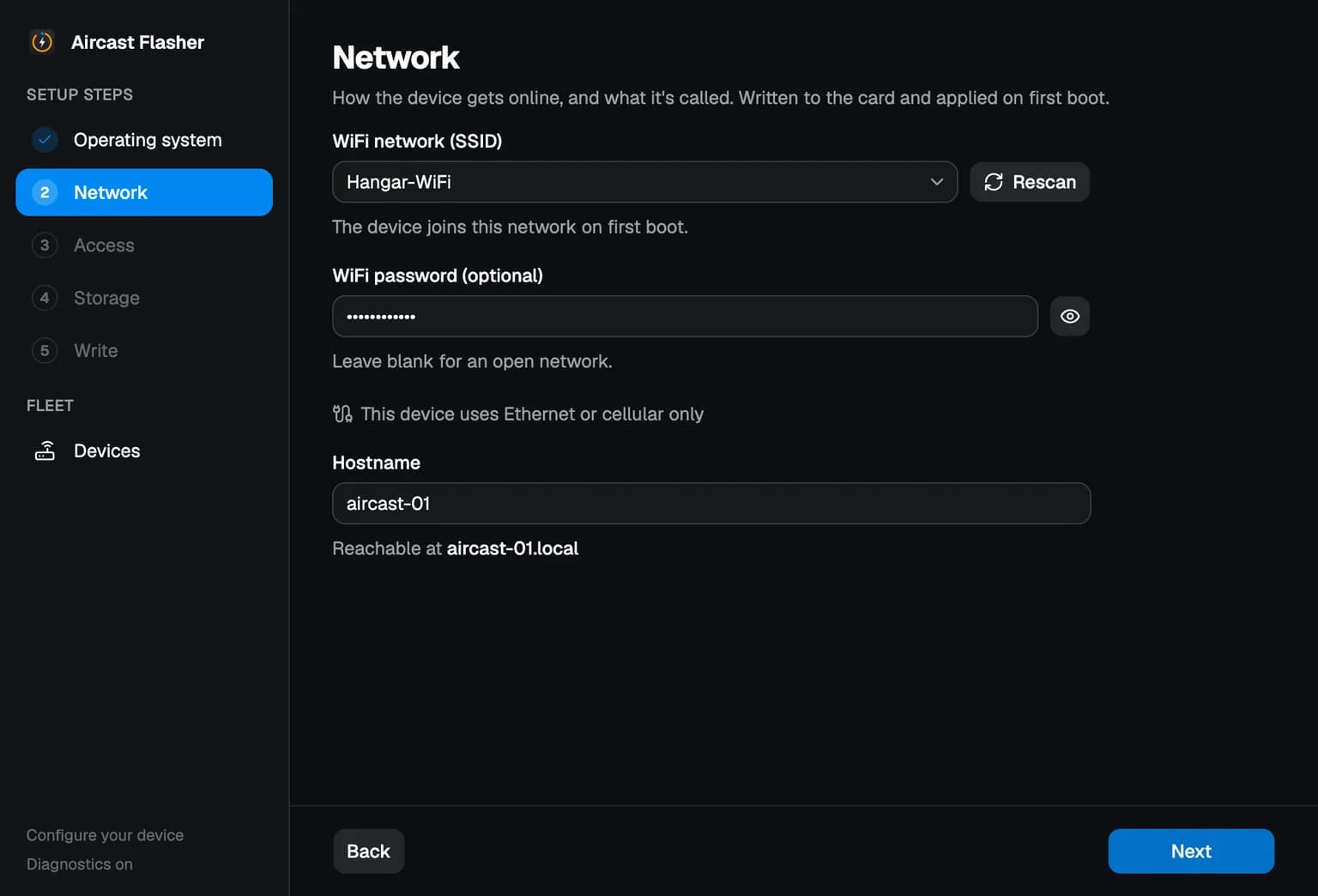 Aircast Flasher, Network step: Wi-Fi network dropdown, password field, and the hostname that becomes hostname.local