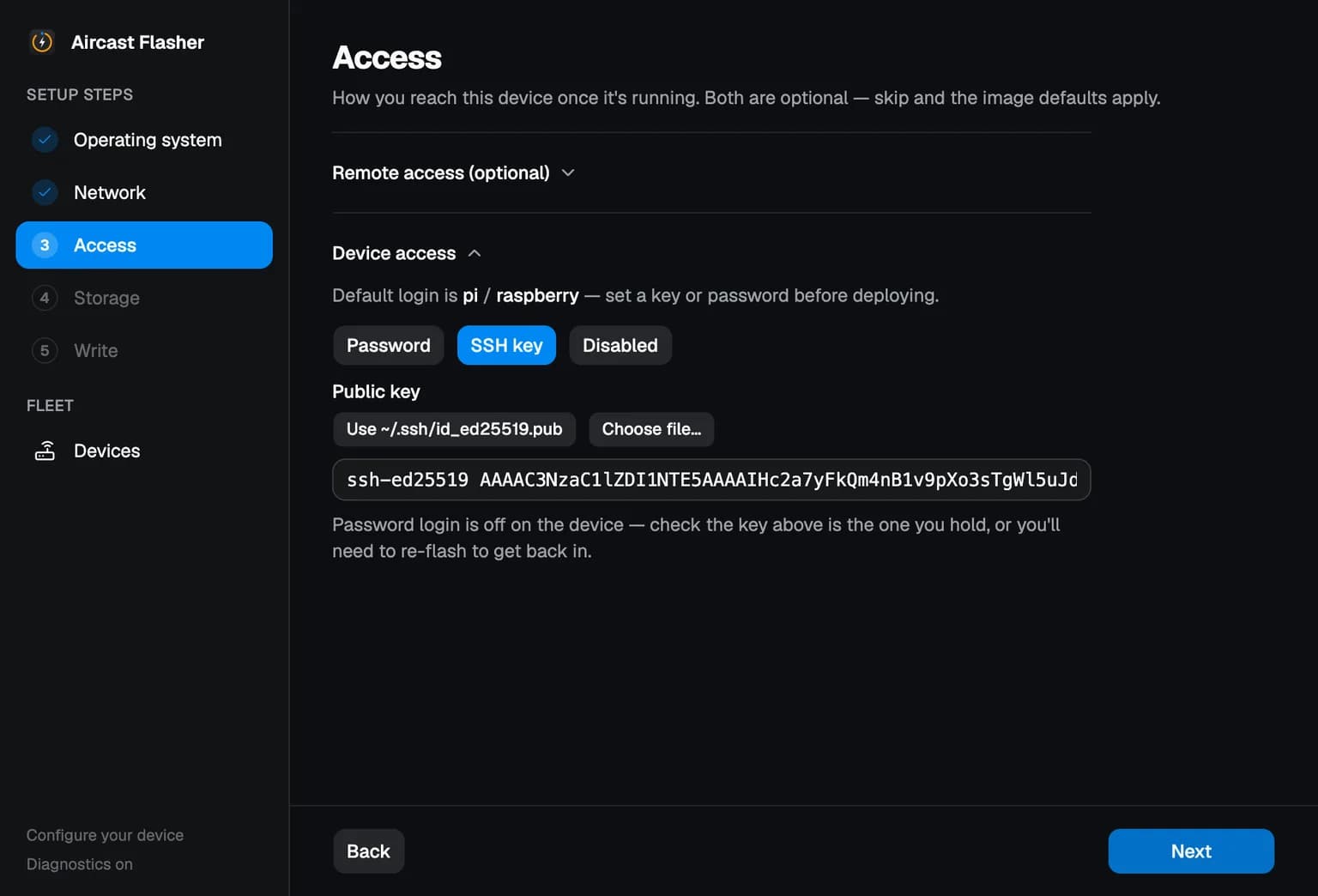 Aircast Flasher, Access step: collapsed Remote access section and Device access set to an SSH key from the local machine