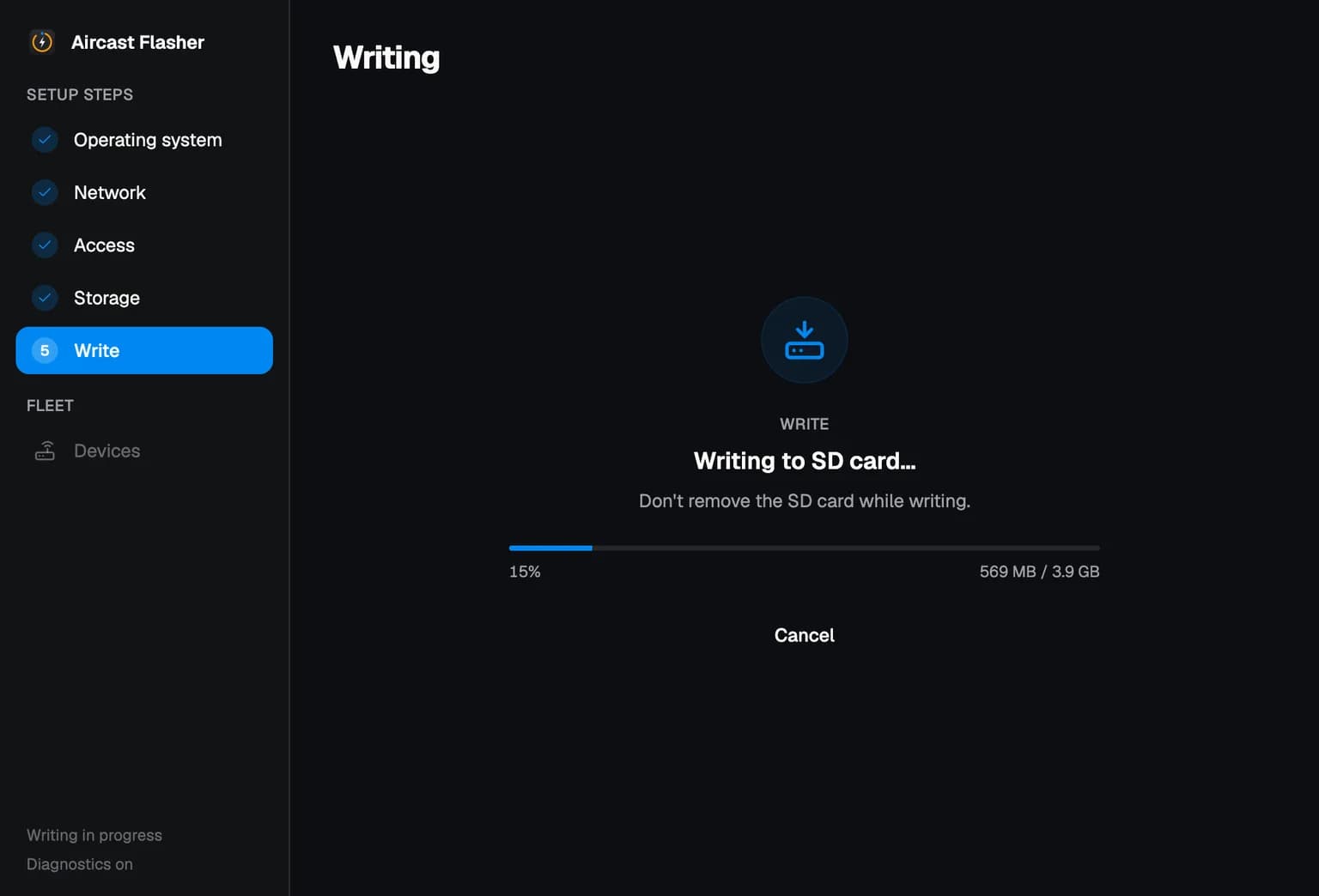 Aircast Flasher, Write step: progress bar showing bytes written of the total image size