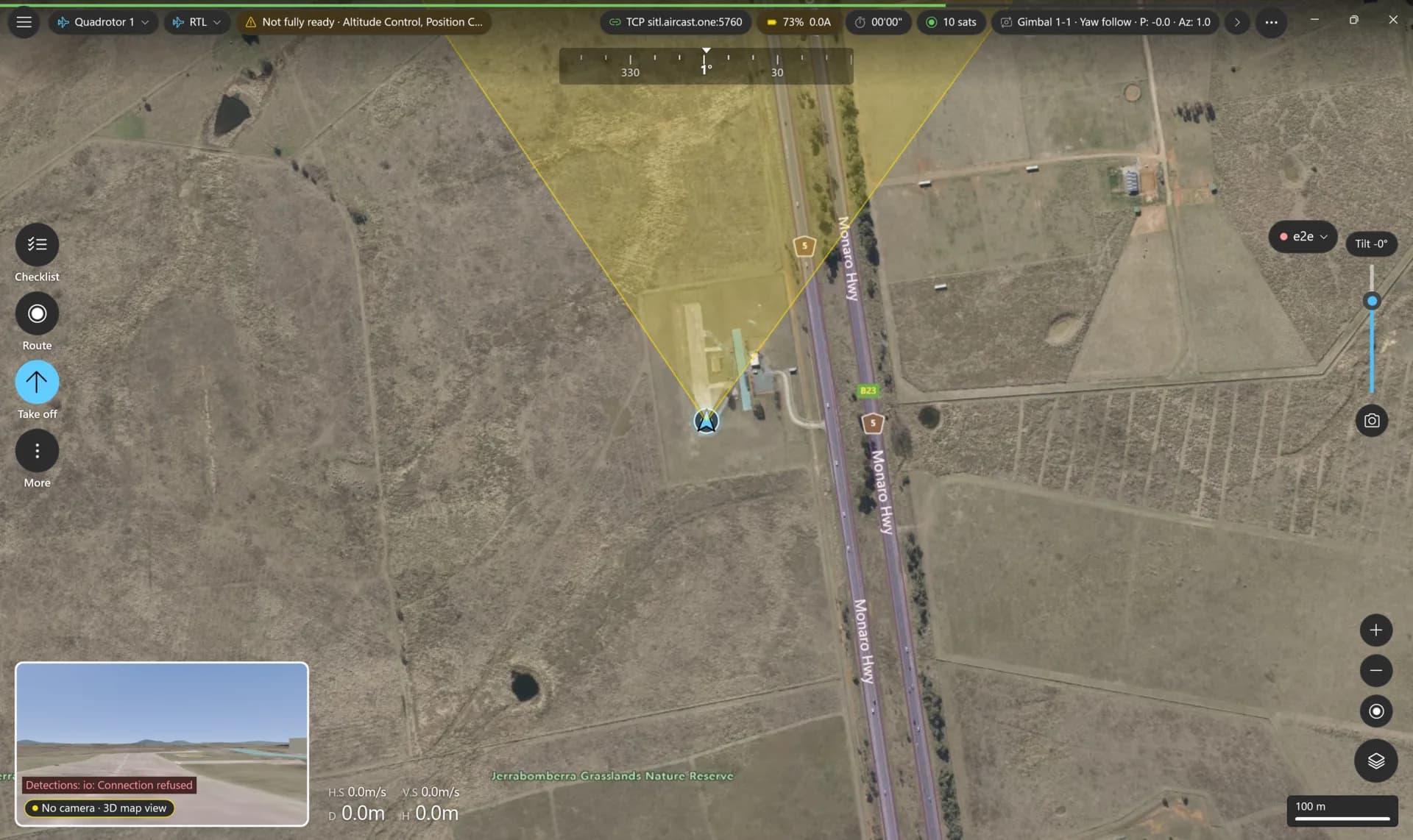 AirCast Ground Station on Windows: satellite map with the drone and its camera footprint, Checklist, Route and Take off on the left rail, 3D view in the corner