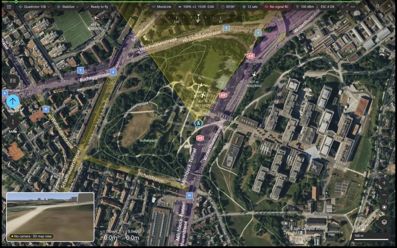 Aircast QGC for Windows on the ground: satellite map with the drone's camera footprint, a Ready to fly status in the top bar, Checklist and Take off buttons on the left, and a 3D view in the corner.