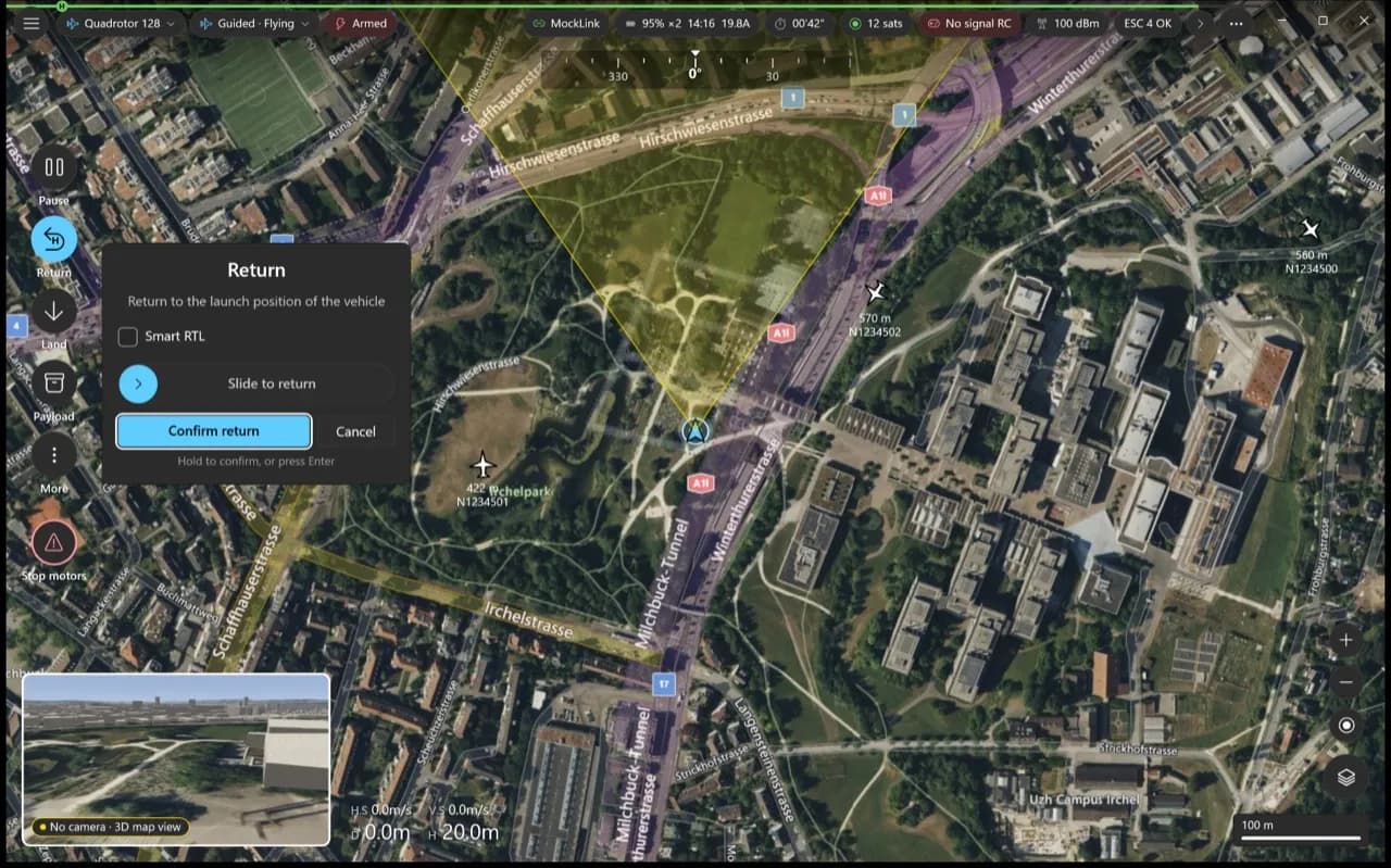 The Return confirmation card over the map: Smart RTL option, Slide to return, and Confirm return and Cancel buttons.