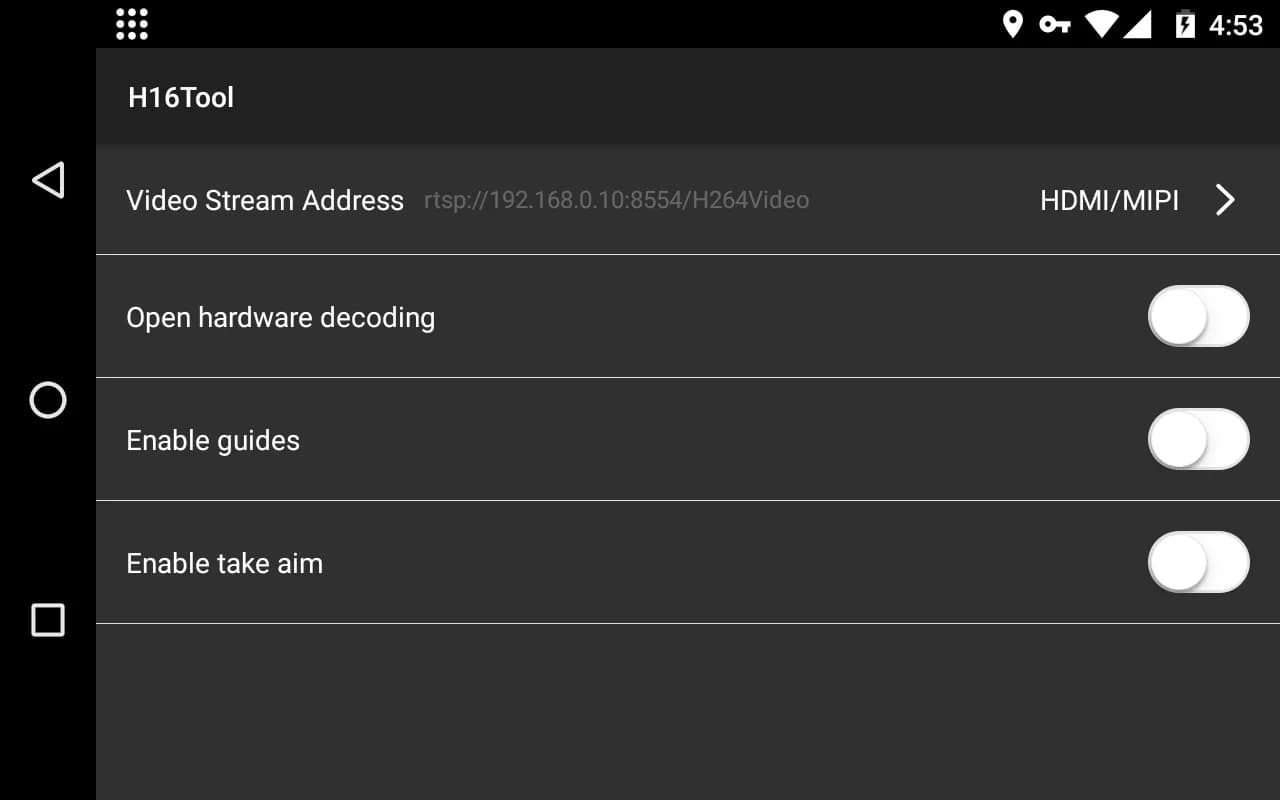 H16Tool video settings on the remote with the Video Stream Address set to HDMI/MIPI
