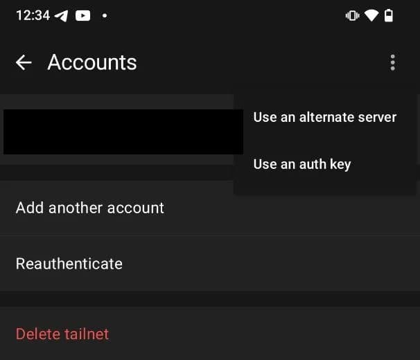 Tailscale app account menu with 'Use an alternate server' and 'Use an auth key' options.
