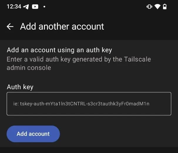 Tailscale app 'Add an account using an auth key' screen with an auth key field.