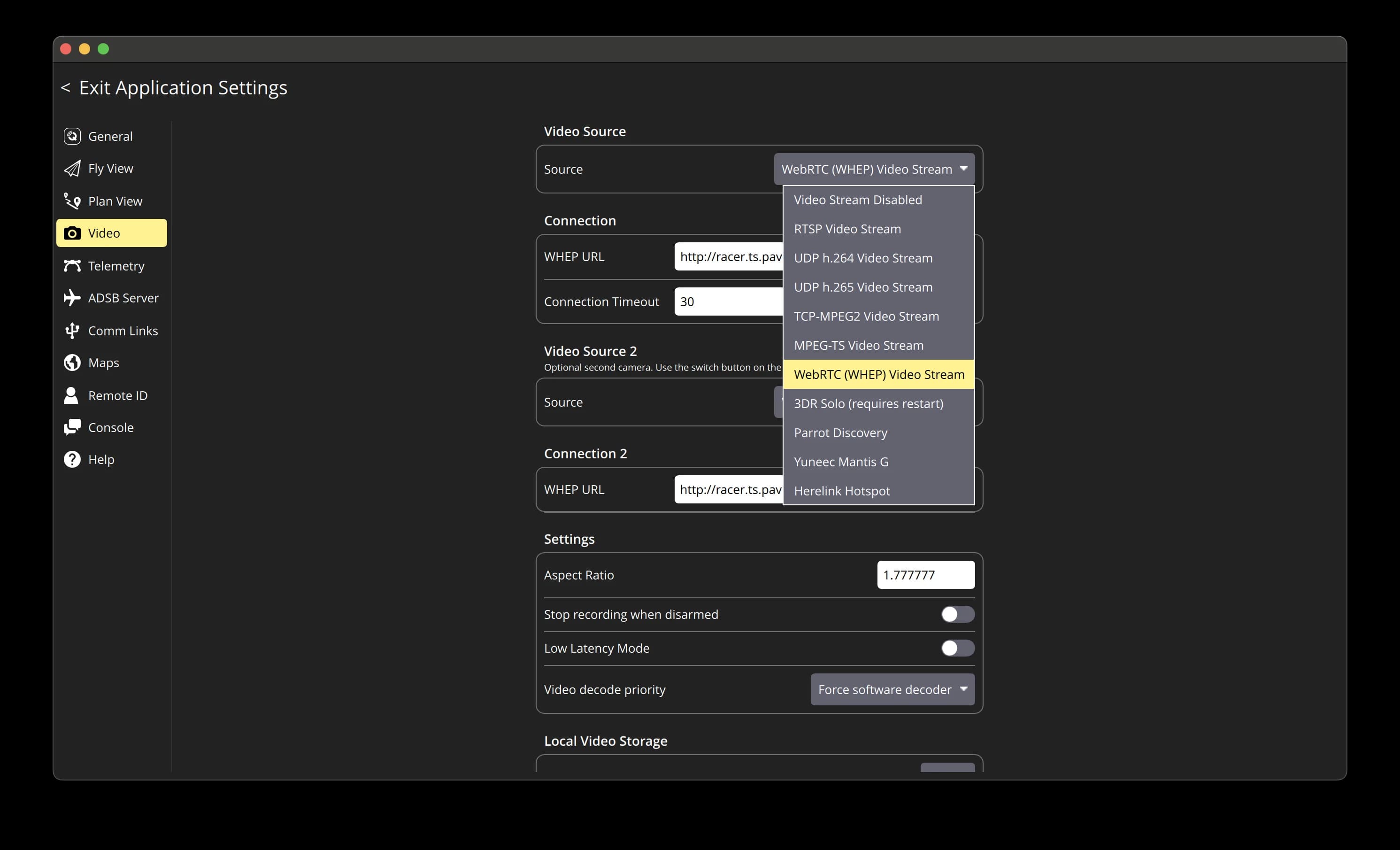 QGroundControl Application Settings → Video, with the Source dropdown open and 'WebRTC (WHEP) Video Stream' selected, and a WHEP URL field below.