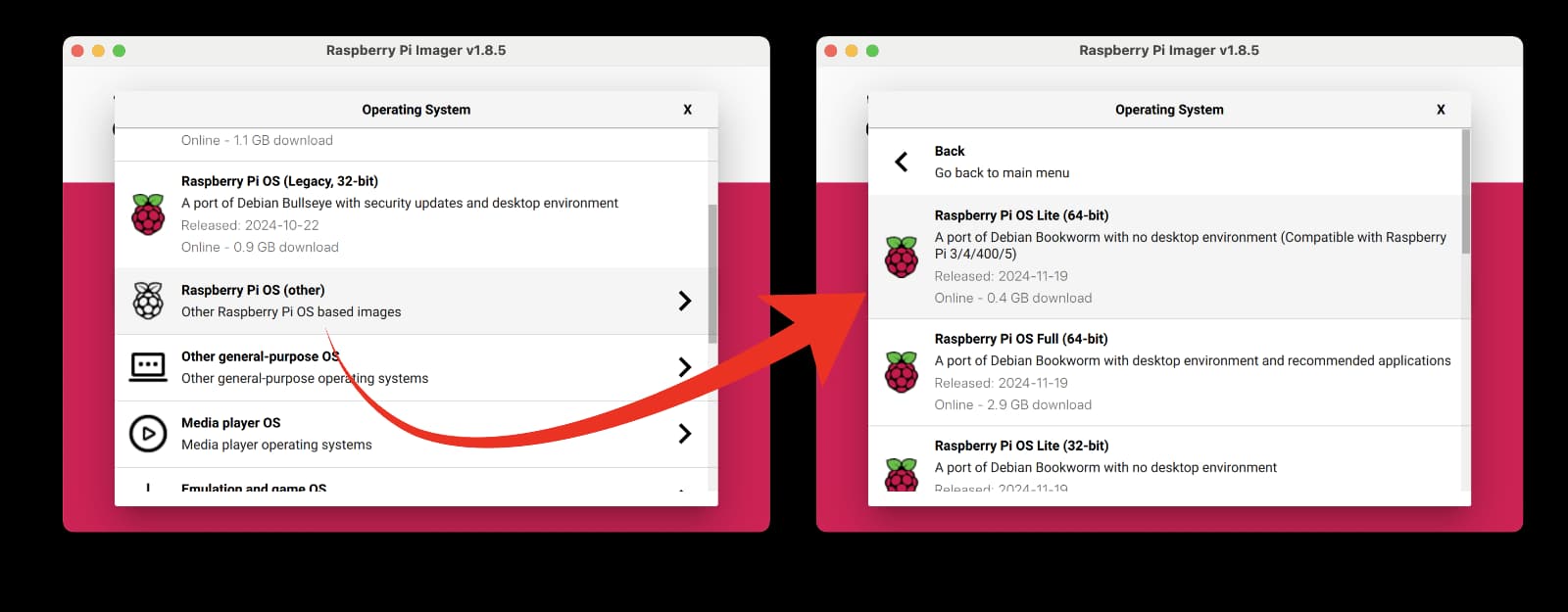 Select Raspberry Pi OS Lite 64-bit