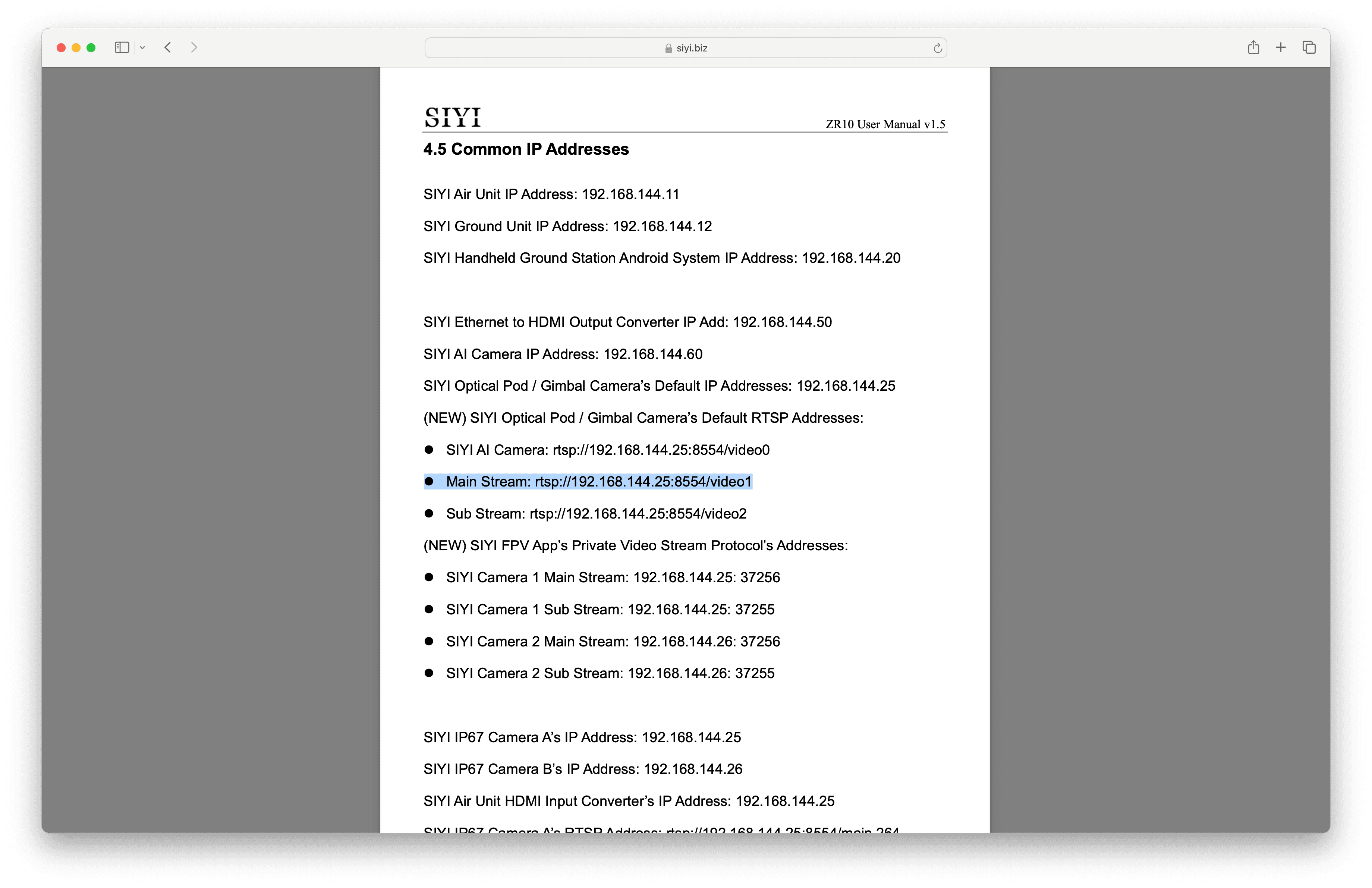 Example of rtsp address in SIYI camera documentation