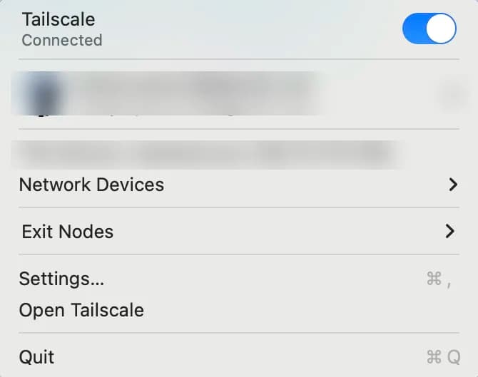 Tailscale macOS menu-bar menu showing Connected with the toggle switched on, above Network Devices and Exit Nodes entries