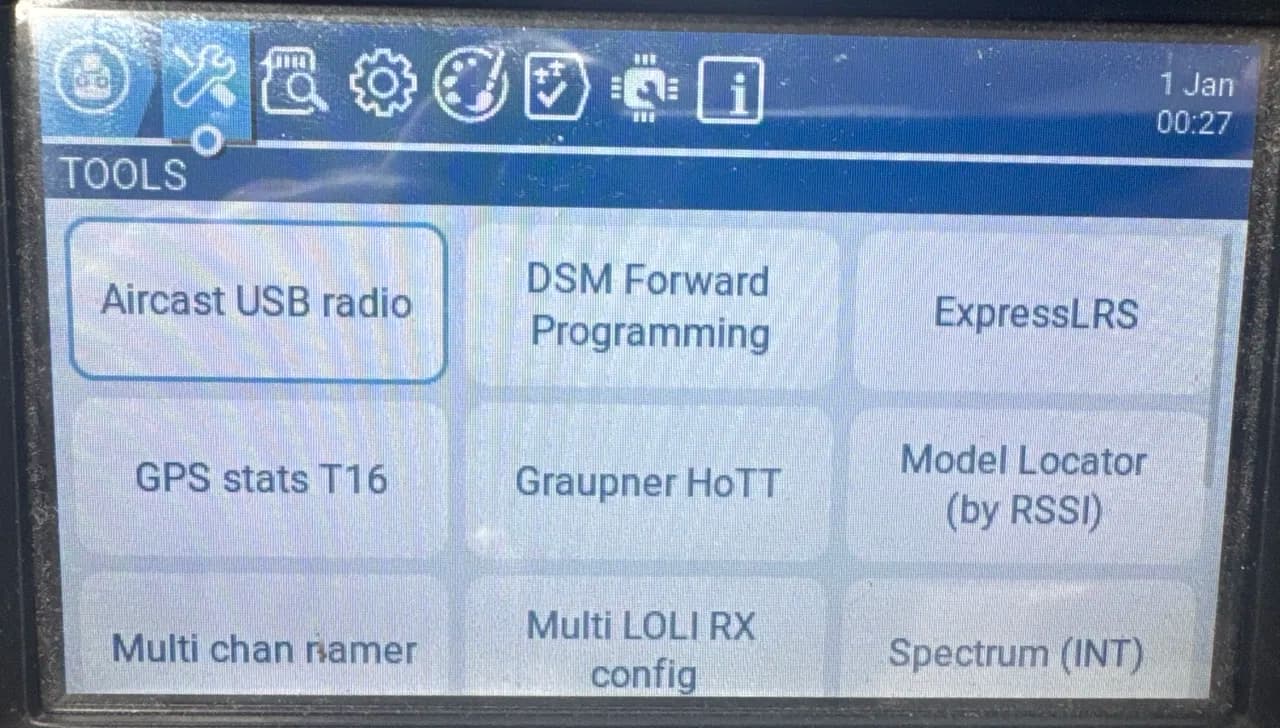 EdgeTX Tools menu on a TX16S with Aircast USB radio as the first tool