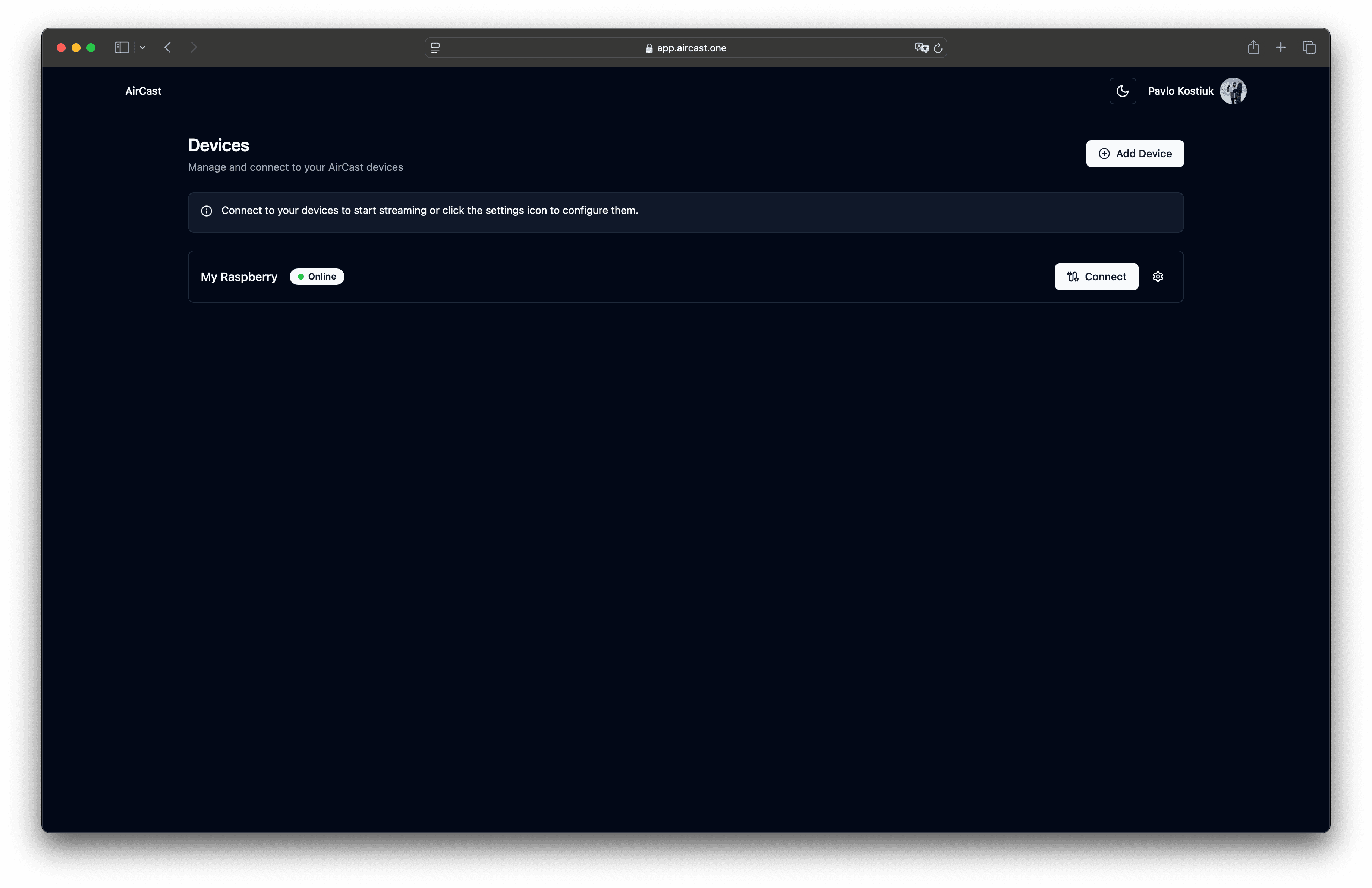 AirCast dashboard showing connected device