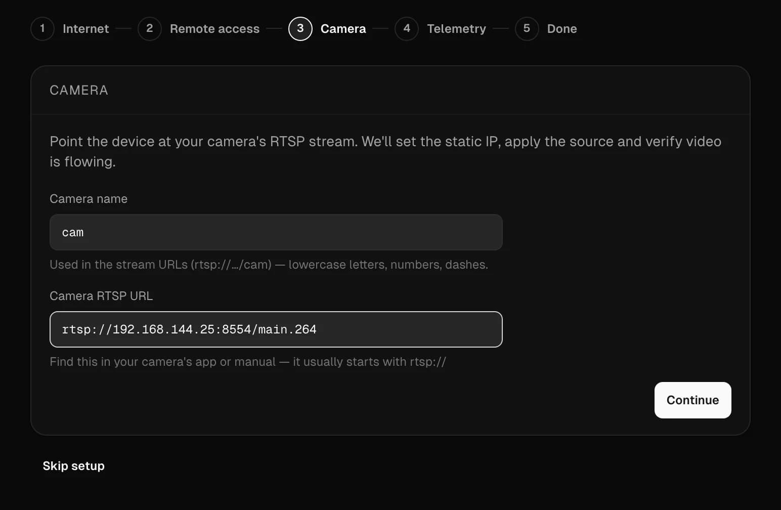 Setup wizard step 3, Camera: the camera name and RTSP URL filled in, with a Continue button
