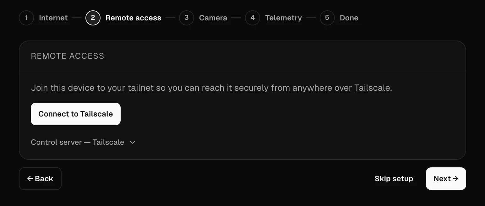 Setup wizard step 2, Remote access: a Connect to Tailscale button with the five-step progress bar above it