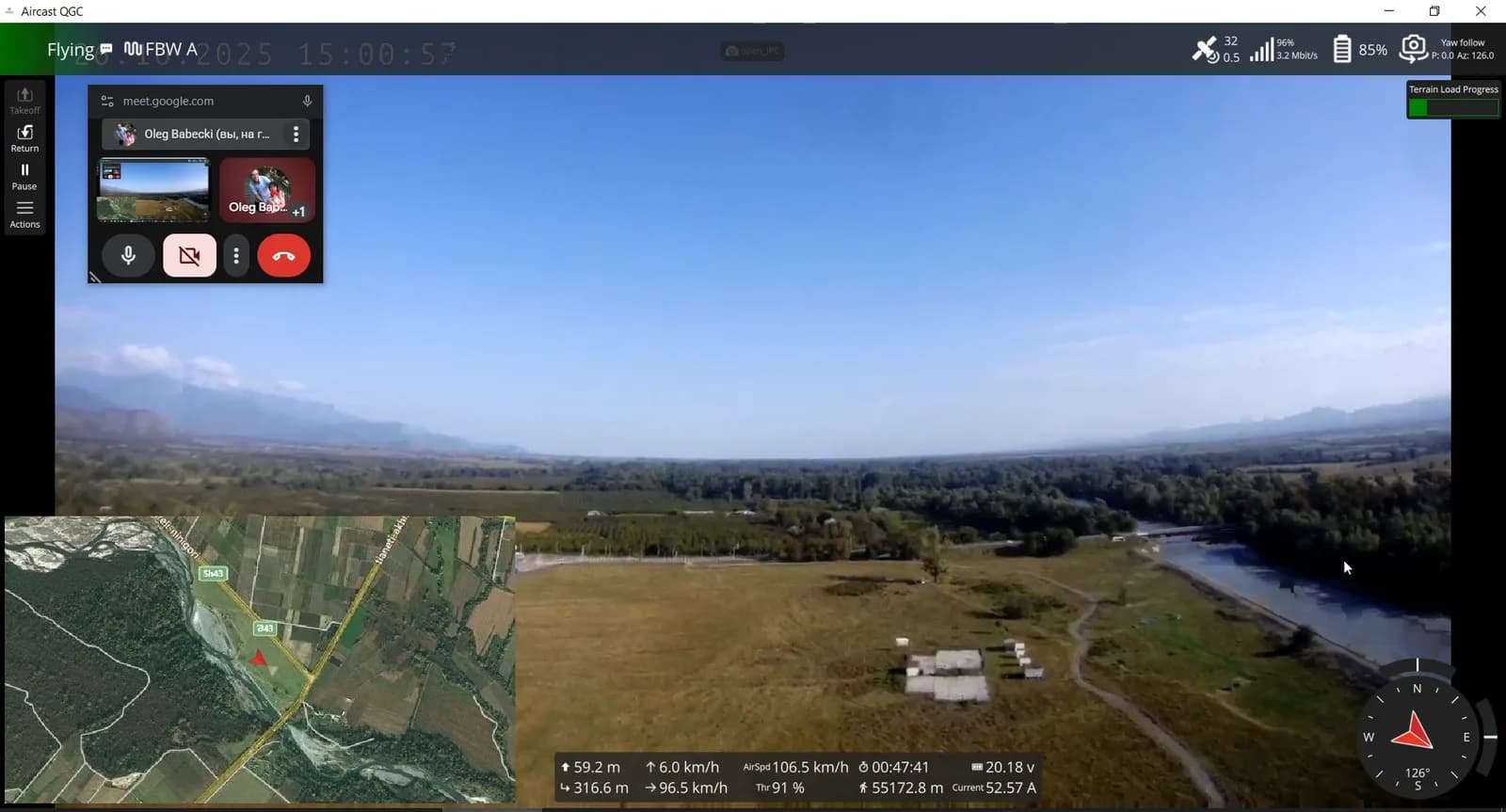 QGroundControl fly view with the live camera full screen, a map inset and telemetry along the bottom