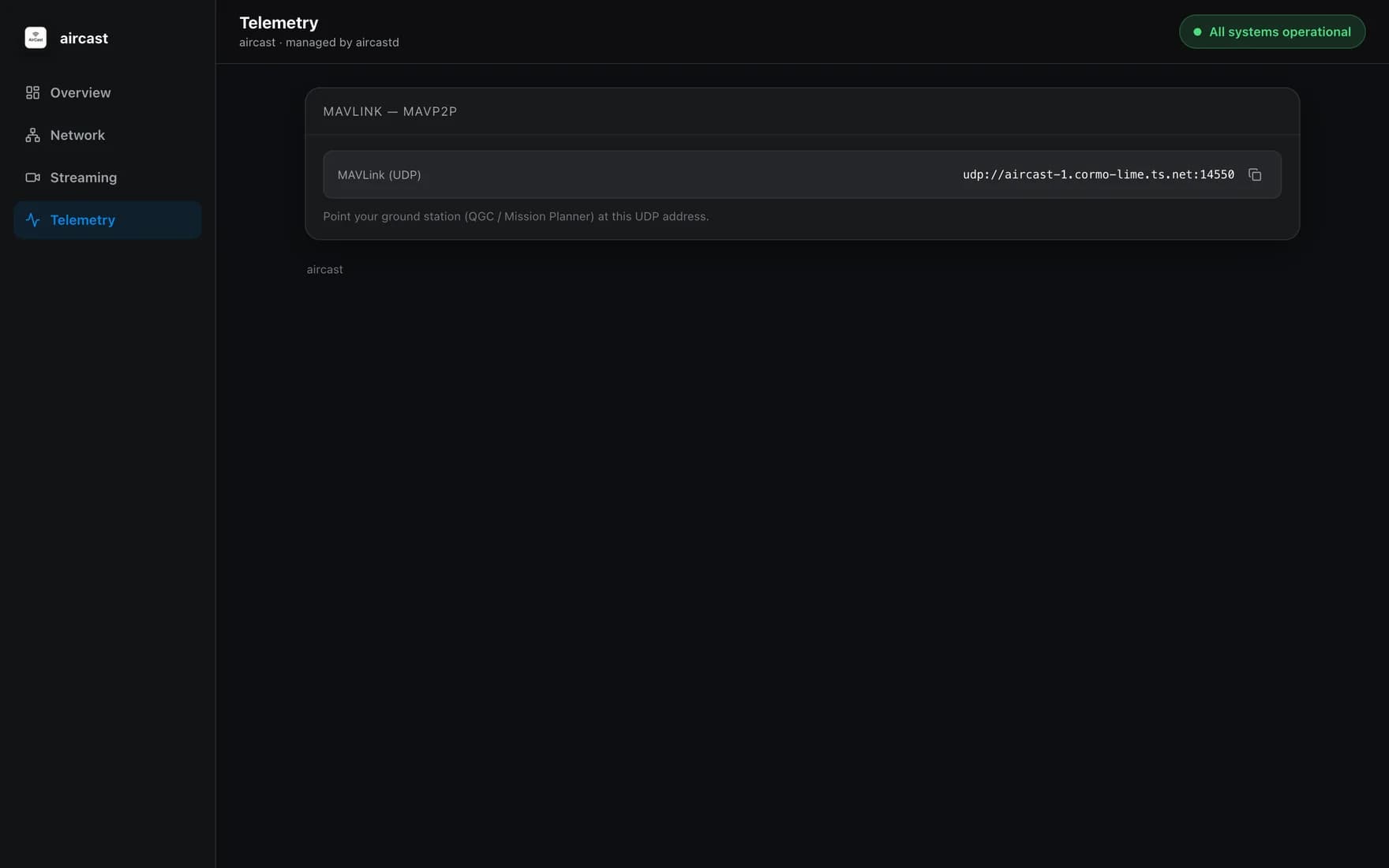 Aircast dashboard Telemetry page showing the MAVLink UDP endpoint to connect a ground station