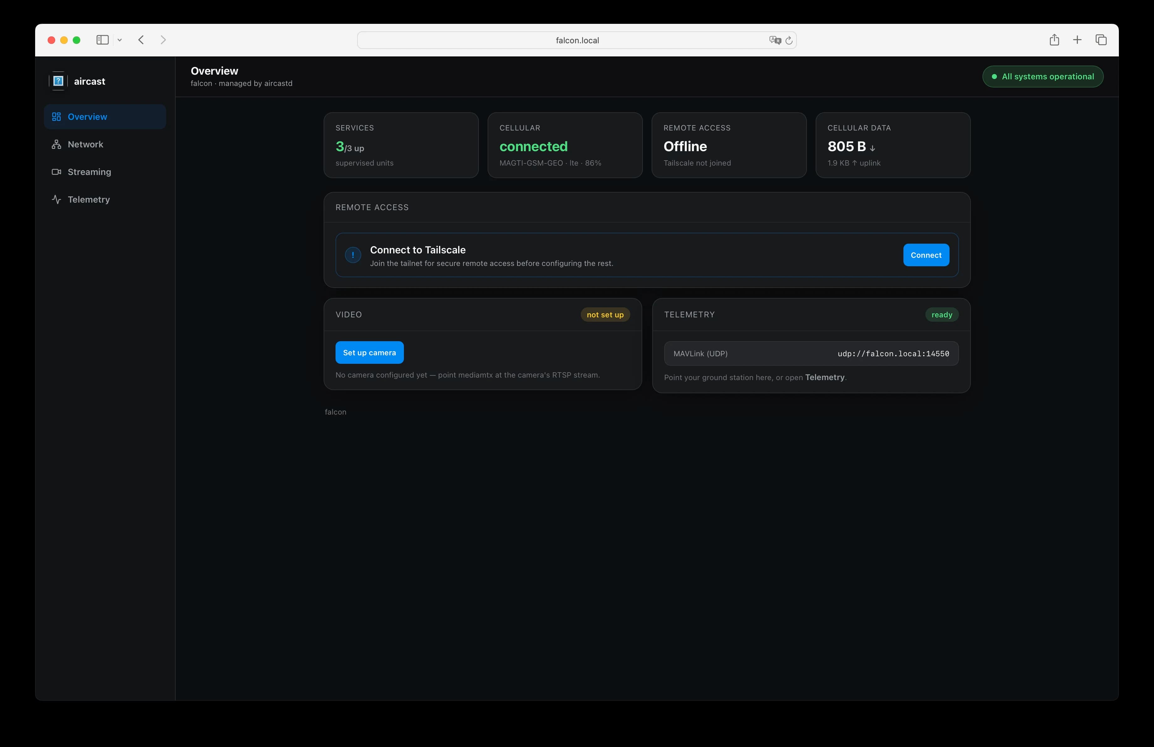 Aircast dashboard Overview with the Connect to Tailscale prompt and a Connect button